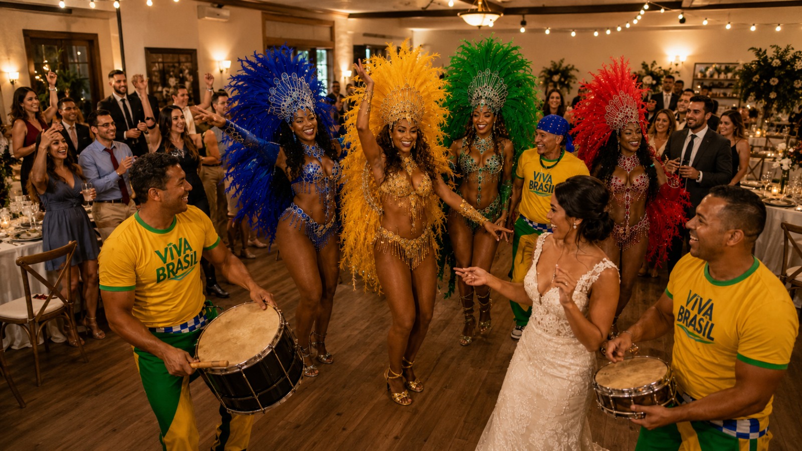 Braut tanzt mit den Sambatrommlern von Viva Brasil