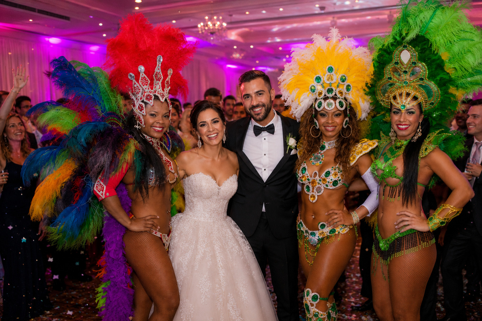 Brautpaar mit den Tänzerinnen von Viva Brasil nach der Show