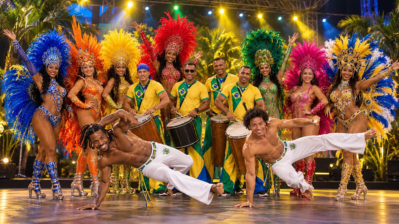 Zwei Capoeira-Künstler im Vordergrund vor der großen Showgruppe mit Tänzerinnen und Trommlern