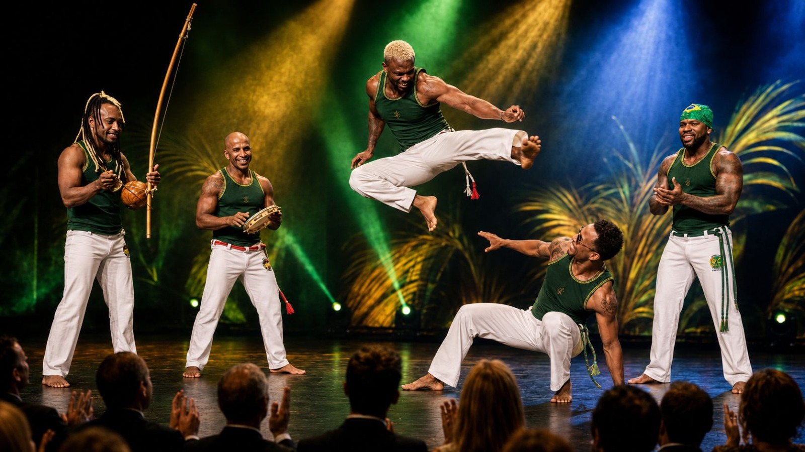 Capoeira-Sprungkick auf einer großen Bühne vor applaudierendem Publikum