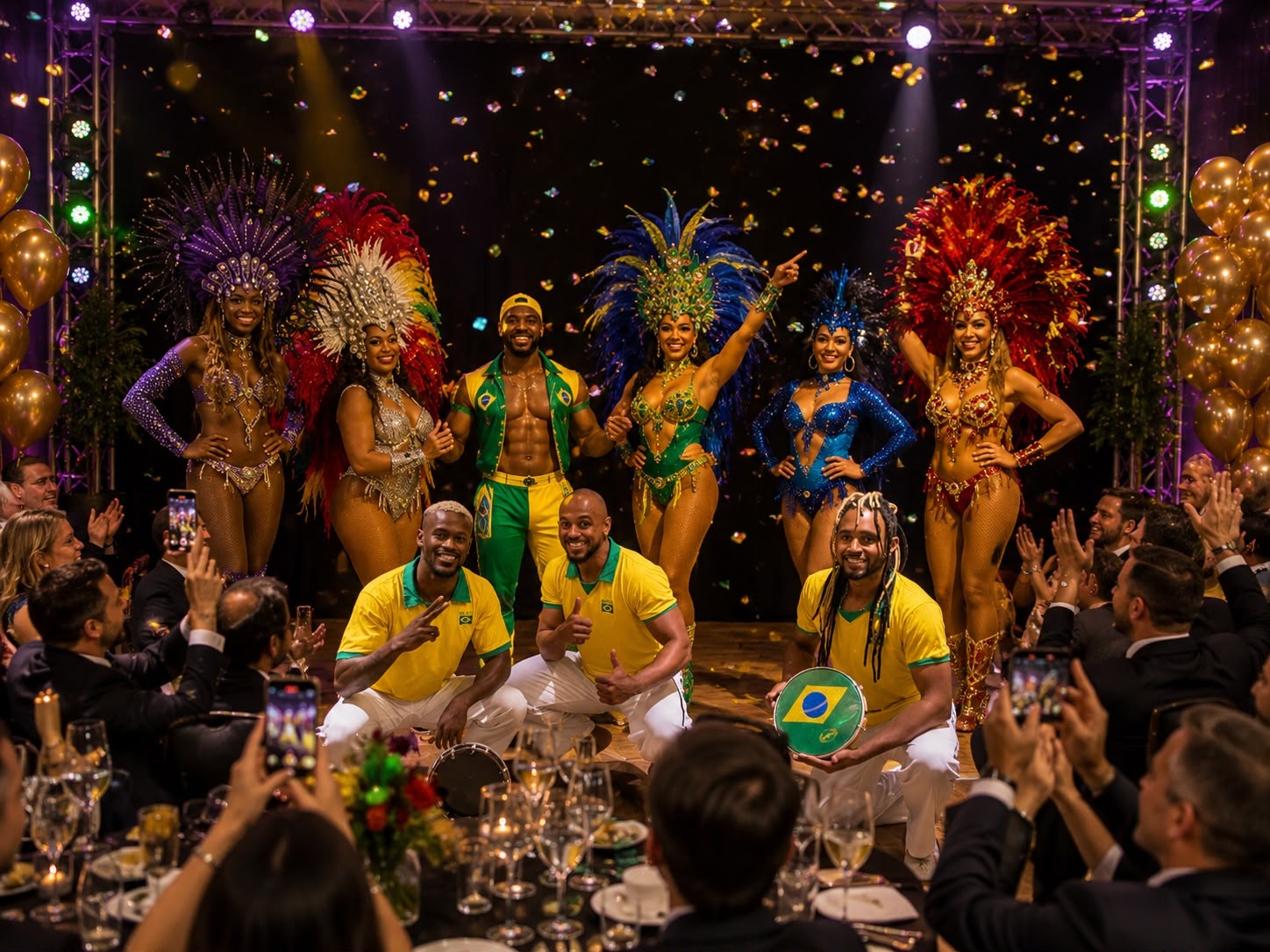 Christmas Brasil Show: Tänzerinnen und Trommler auf der Bühne einer Weihnachtsfeier, Gäste filmen mit Handys