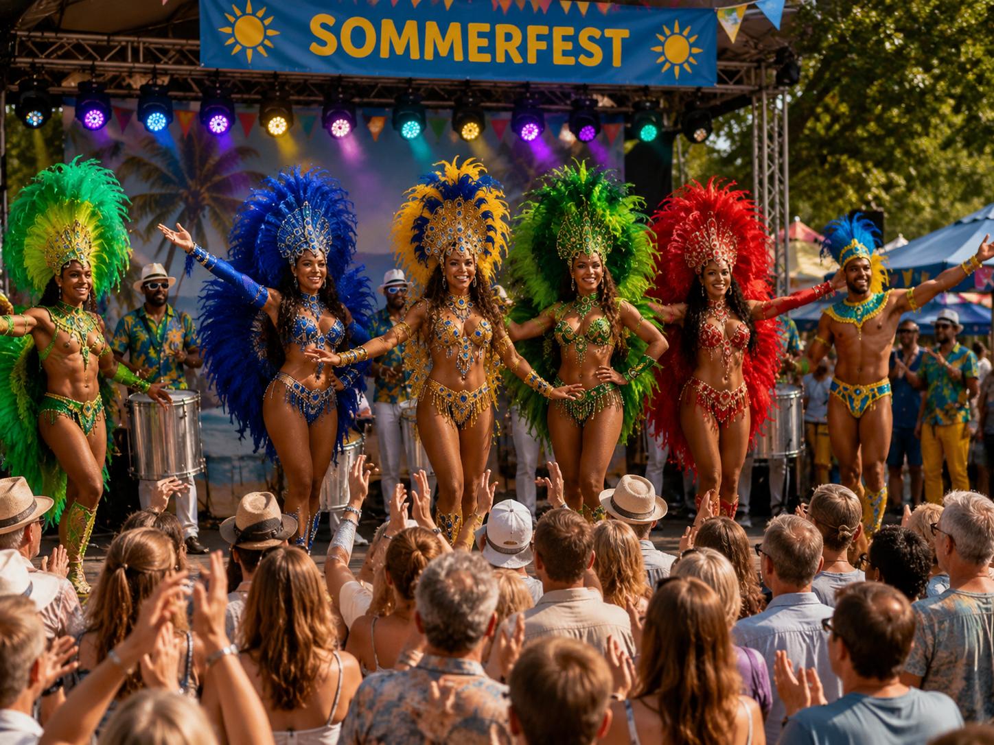 Sambatänzerinnen auf einer Sommerfest-Bühne im Freien vor applaudierendem Publikum