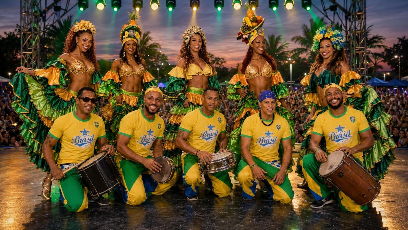 Brasil Tropical Night: Tänzerinnen und Trommler in gelb-grünen Kostümen auf einer Open-Air-Bühne