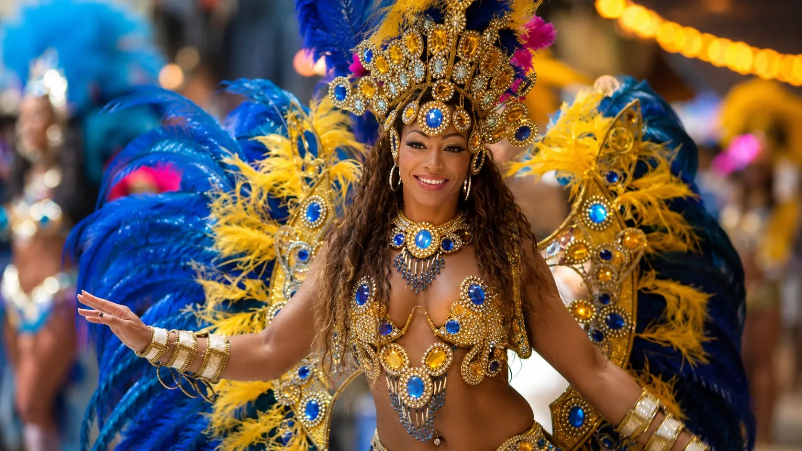Nahaufnahme einer Sambatänzerin mit blau-goldenem Federkopfschmuck beim Straßenkarneval
