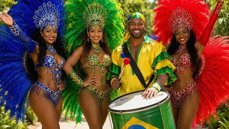 Drei Tänzerinnen und ein Trommler mit brasilianischer Surdo-Trommel