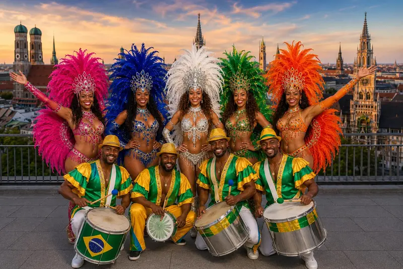 Showgruppe mit Trommeln vor der Münchner Skyline mit Frauenkirche und Rathausturm