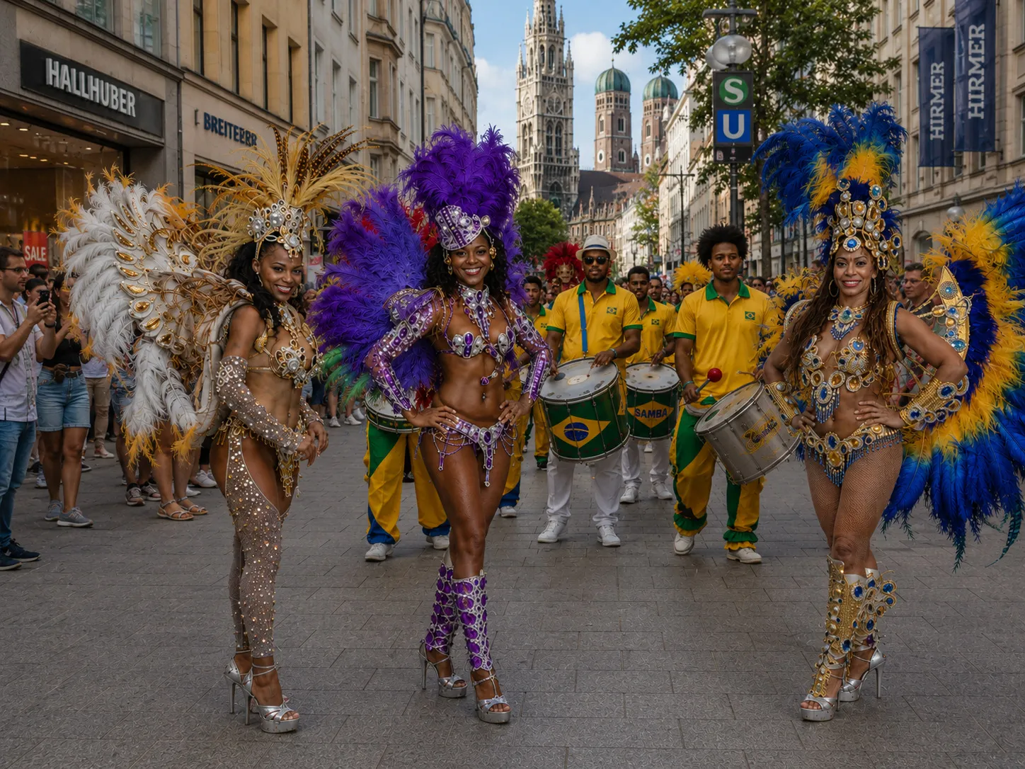 Straßenparade mit Sambatänzerinnen und Trommlern vor historischen Innenstadtgebäuden