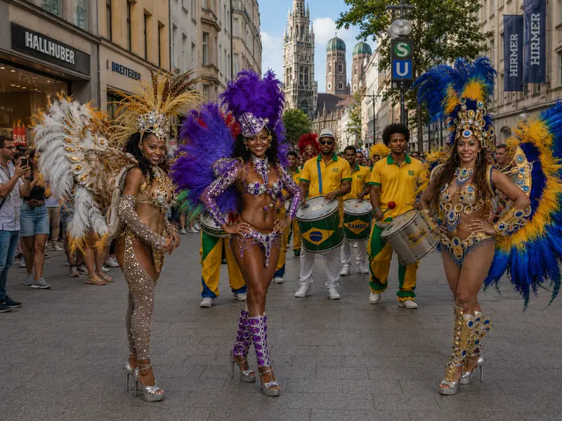 Straßenparade mit Sambatänzerinnen und Trommlern vor historischen Innenstadtgebäuden